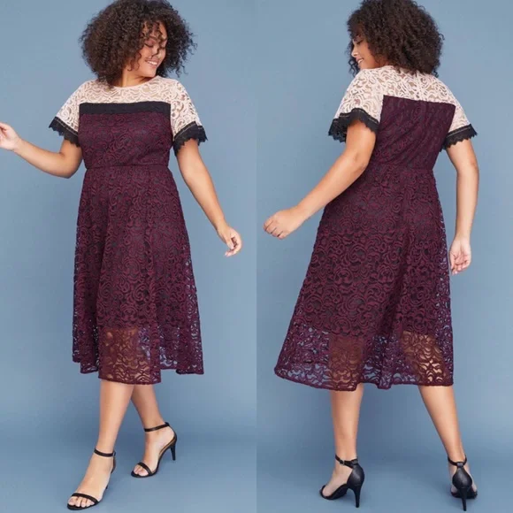 Lane Bryant 18 Lace Color Block Dress Short sleeve Midi A-line Black Purple
